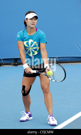 MELBOURNE, Australia - 21 gennaio 2012: mondiale WTA numero 4 giocatore di tennis Li Na hits su una pratica Corte 21 gennaio 2012. Foto Stock