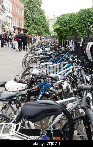 Biciclette concatenati per ringhiere in Cambridge city centre Foto Stock