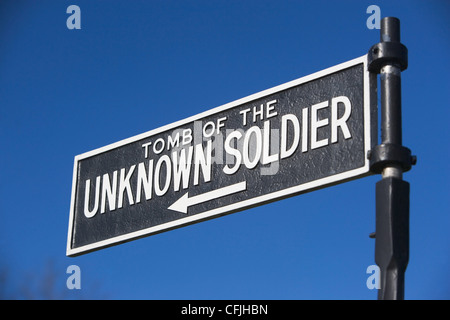 Segno per la Tomba del Soldato sconosciuto, il Cimitero Nazionale di Arlington, Virginia, Stati Uniti d'America Foto Stock