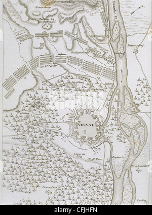 Assedio di Vienna nel 1683. Un esercito europeo guidato da Giovanni III Sobieski e Carlo V di Lorena sconfigge i turchi a Kahlenberg. Foto Stock