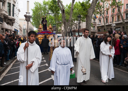 Settimana Santa processione, La Rambla, Barcelona, Catalogna, Spagna, Europa Foto Stock