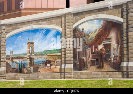 Roebling murale di Robert Dafford sul Fiume Ohio argine, Covington, Kentucky, Stati Uniti d'America, America del Nord Foto Stock