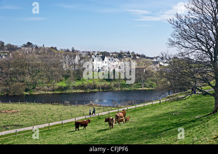 Vista verso la città delle Highland Helmsdale dal lato sud del fiume Helmsdale nel nord della Scozia Foto Stock