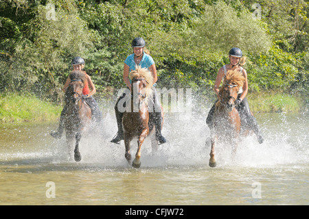 Tre giovani pilota sul retro del islandese di cavalli al galoppo nel fiume Isar a sud di Monaco di Baviera, Germania Foto Stock