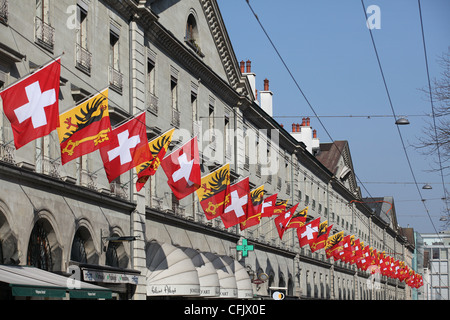 Una fila di bandiere in una strada di Ginevra, Svizzera Foto Stock