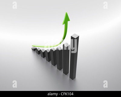 Modello 3D di un grafico in crescita - positivo delle entrate (nero e verde) Foto Stock