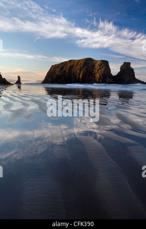 Tidepools e pile di mare al sorgere del sole lungo la spiaggia di Bandon, Oregon. L'inverno. Stati Uniti d'America Foto Stock
