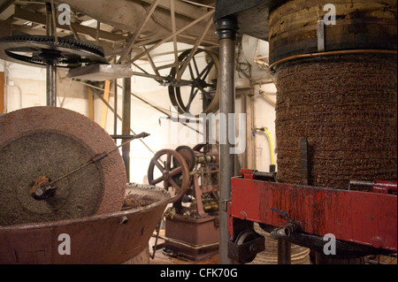 Olio d'oliva tradizionale mulino di pressatura in produzione, Benifallet, Tarragona Spagna Foto Stock