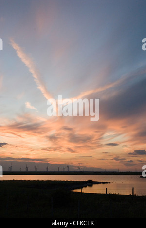 Tramonto sulle lontane per centrali eoliche Foto Stock