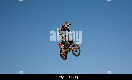 Freestyle Motocross rider in occasione di un evento presso il Trax in Preston Foto Stock