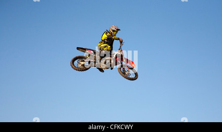 Freestyle Motocross rider in occasione di un evento presso il Trax in Preston Foto Stock