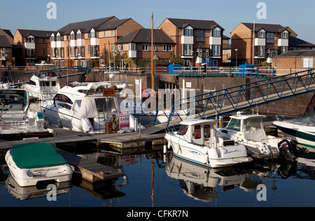 Barche ormeggiate e proprietà residenziali a Penarth Marina vicino a Cardiff Bay Foto Stock