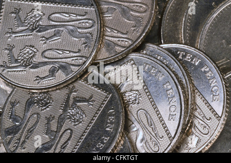 Chiudere dettaglio del Regno Unito dieci pence (10p) monete. Foto Stock