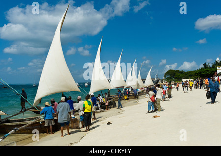 I pescatori preparano il loro 'Ngalawa', il tradizionale a doppia outrigger barche per una regata in Stone Town Zanzibar Tanzania Foto Stock