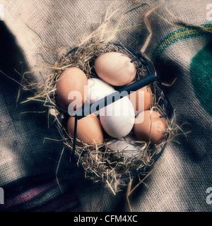 Le uova in un cestino con paglia sul sacco di iuta Foto Stock