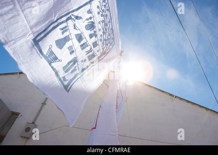 Il cotone strofinacci da cucina al vento sulla linea di abbigliamento con il cielo azzurro in background. Foto Stock