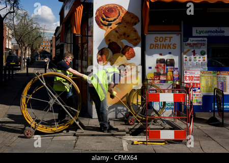 Workman alimenta il giallo il tubo di plastica attraverso un marciapiede sotto albero per eliminare il blocco al di sotto del tondo post di pasticceria ad.. Foto Stock