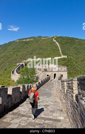 Donna passeggiate turistiche sulla Grande Muraglia della Cina, Sito Patrimonio Mondiale dell'UNESCO, Mutianyu, Distretto di Pechino, Cina, Asia Foto Stock