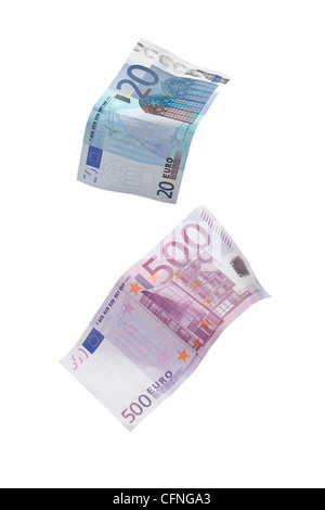 Due euro bills caduta su sfondo bianco Foto Stock