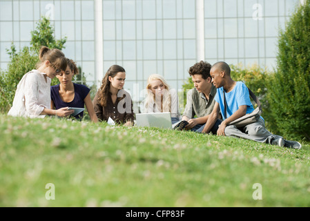 Gli studenti universitari che studiano in erba, basso angolo veiw Foto Stock