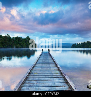 Pontile Lago Mapourika, sulla costa occidentale dell'Isola Sud della Nuova Zelanda, all'alba. Foto Stock