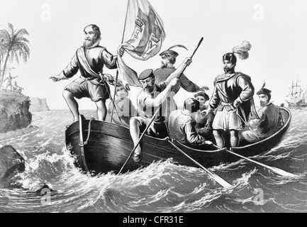 Lo sbarco di Colombo a San Salvador, 12 Ottobre 1492 Foto Stock