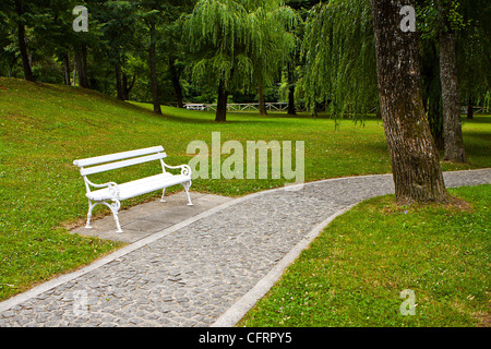 Bianco vuoto panca in legno in posizione di parcheggio Foto Stock