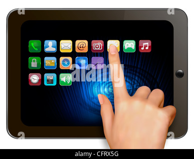 Mano toccando tavoletta digitale computer con icone Foto Stock