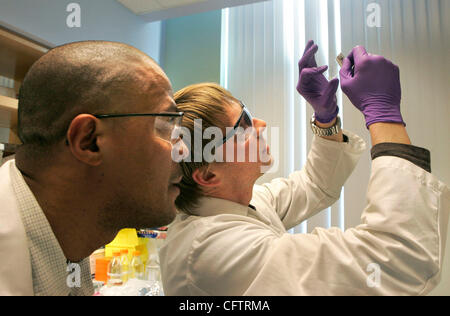 Il 22 gennaio 2006, La Jolla, California, Stati Uniti d'America In un cancro nel laboratorio di ricerca di uno di Pfizer edifici su Science Center Drive scienziati GABRIEL TROCHE, sinistra e MAX HALLIN sembra vicino a una diapositiva contenente un cancro tumore sezione mandatory Credit: Foto/San Diego Union-Tribune/Zuma premere. copyright 2006 Foto Stock