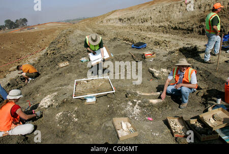 Giovedì, Giugno 14, 2007, Carlsbad, California, Stati Uniti d'America Tom Demere, centro-destra, che è il curatore di paleontologia presso il San Diego il Museo di Storia Naturale, i colloqui per i media su un americano Mastodon del suo team unearthed in corrispondenza di un sito in costruzione al di fuori della strada di cannone e College Boulevard a Carlsbad sul Mar Foto Stock