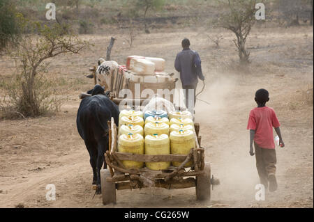 2 agosto 2011 - Kayalambi (villaggio, Kenya - Agosto 2, 2011, Kayalambi, Kenya - la gente del posto nel villaggio di Kayalambi in Kenya il quartiere Kathonzweni trasporto acqua del foro di trivellazione dal carrello torna a loro spesso lontani siti di villaggio. (Credito Immagine: © David Snyder/ZUMAPRESS.com) Foto Stock