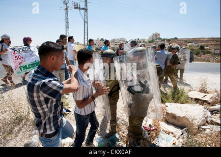 AL MA'SARA, West Bank - Agosto 24, 2012: affrontare i palestinesi armati pesantemente e soldati israeliani in un settimanale manifestazione nonviolenta contro la barriera di separazione che avrebbe tagliato il West Bank village di Al Ma'sara dalle sue terre agricole. Foto Stock