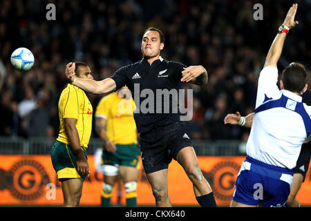 Sabato 25 agosto 2012. Auckland, Nuova Zelanda. All Blacks' Israele Dagg celebra con un punteggio provare durante il campionato di rugby e Bledisloe Cup il Rugby test match, Nuova Zelanda All Blacks versus Australian Wallaby presso Eden Park di Auckland, in Nuova Zelanda. Foto Stock