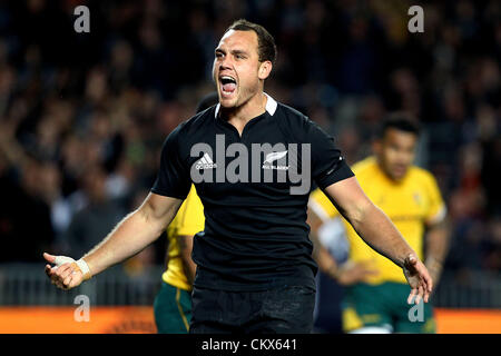 Sabato 25 agosto 2012. Auckland, Nuova Zelanda. All Blacks' Israele Dagg celebra con un punteggio provare durante il campionato di rugby e Bledisloe Cup il Rugby test match, Nuova Zelanda All Blacks versus Australian Wallaby presso Eden Park di Auckland, in Nuova Zelanda. Foto Stock