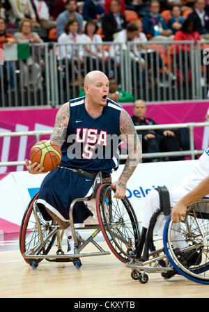 Stratford, Londra, Regno Unito. Venerdì 31 agosto 2012. Giuseppe Camere (USA) in azione durante il turno preliminare Gruppo un gioco tra USA e Italia il giorno 2 di Londra 2012 Giochi Paralimpici dal basket Arena. Foto Stock