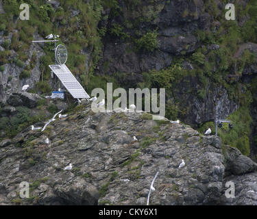 1 luglio 2012 - Alaska, USA - antenna radio sono montati su diversi grandi isole di roccia che servono come Stellar Sea Lion â€oehaul-outsâ€ e â€oerookeriesâ€ vicino a Capo della Risurrezione nel Parco nazionale di Kenai Fjords, Alaska. L'antenna di comunicare con il sito remoto telecamere controllate in tempo reale dall'Alaska SeaLife Centre in Seward, e vengono utilizzati per il monitoraggio e lo studio Stellar Sea Lion abitudini di allevamento dove si concentrano per il resto e mate. Stellar leoni di mare sono una specie in via di estinzione a causa di una significativa, inspiegabile declina in i loro numeri su una grande porzione della loro gamma in Alaska. Due profili di camma Foto Stock