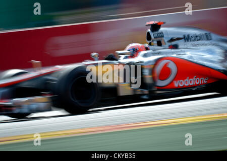 02.09.2012. Spa-Francorchamps, Belgio. British driver di Formula Uno Jenson Button alla McLaren Mercedes manzi la sua vettura durante il 2012 Belgio FORMULA ONE Grand Prix a Spa-Francorchamps race track nei pressi di Francorchamps, Belgio, 02 settembre 2012. Foto Stock