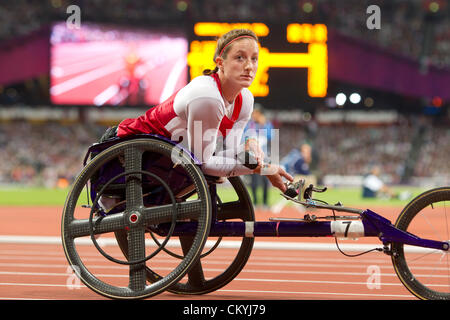 Stati Uniti d'America's Tatyana McFadden alla linea di partenza di 400 metri femminili T54 sedia a rotelle gara a Le Paralimpiadi di Londra Foto Stock