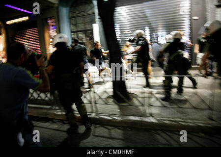 Salonicco, Grecia. 8 Settembre, 2012. Conflitti durante la protesta contro austerità in Salonicco, Grecia. Foto Stock