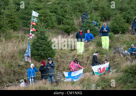 14 Settembre 2012 - Devils Bridge - il Galles Centrale : WRC Rally Galles GB SS6 Myherin fase : Rally ventole con le loro bandiere. Foto Stock