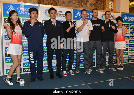 (L a R) Syo Sasaki (JPN), Shintaro Ikeda (JPN), Lee Chong Wei (MAS), Gade Peter Hoegh (DEN), Mogensen Carsten (DEN), Boe Mathias (DEN), Settembre 18, 2012 - Badminton : Reiko Shiota Partecipa a conferenza stampa a Tokyo in Giappone, per quanto riguarda l'Overgrip Yonex Open Giappone 2012 Badminton Championships 2012. (Foto di Giu Tsukida/AFLO SPORT) [0003] Foto Stock