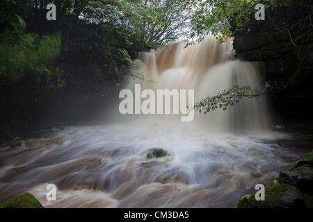 Il 25 settembre 2012. Bowlees Teesdale superiore, County Durham, Regno Unito. Summerhill forza (Gibson's Cave) in condizioni di allagamento causato da pioggia. Foto Stock