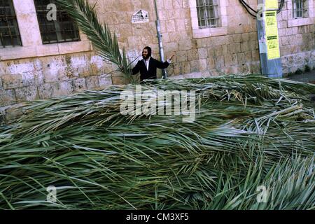 Sett. 28, 2012 - Gerusalemme, Israele - un ebreo Ultra-Orthodox uomo porta un palm frond durante la preparazione per la celebrazione di Sukkot, la Festa dei Tabernacoli, nel quartiere di Meah Shearim. Sukkot inizia il 7 settembre 30 ed è una gioiosa settimana di vacanza che commemora l'esodo degli Ebrei dall Egitto come pure essendo una festa della mietitura. (Credito Immagine: © Mahfouz Abu Turk/immagini APA/ZUMAPRESS.com) Foto Stock