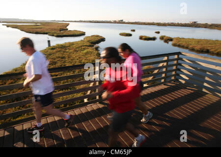 Ottobre 13, 2012 - Huntington Beach, California, Stati Uniti - La mattina presto i corridori attraversano la riserva ponte pedonale. Approva il pannello 111 case nei pressi di Bolsa Chica zone umide. Parkside Estates includono case monofamiliari, spazio parcheggio, sentieri e le zone umide in Huntington Beach dopo la California costiera di approvazione della Commissione. Bolsa Chica riserva ecologica è una riserva naturale nella città di Huntington Beach. Esso è designato dal dipartimento della California di pesce e di selvaggina per proteggere una zona umida costiera, con i suoi residenti e minacciate specie in via di estinzione. "Bolsa Chica' significa 'piccolo sacco" in spagnolo. Confina a o Foto Stock