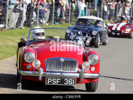 Ottobre 14, 2012 - Una gamma di vetture fra Formula 1, F5000, GTs e touring cars e gruppo B auto da rally erano sul display a Brooklands Museum oggi come parte dell'autunno Motorsport giorno 2012. Gli spettatori hanno avuto la rara opportunità di vedere e sentire i veicoli da distanza ravvicinata. Una grande folla si è radunata per apprezzare la collezione di classici e moderni a carte. Le foto mostrano vetture guidate intorno Mercedes-Benz World. Foto Stock