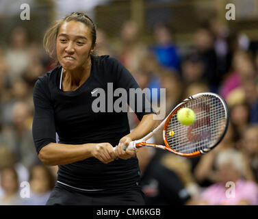 16 ottobre 2012 - Pittsburgh, Pennsylvania, Stati Uniti - SAMANTHA CRAWFORD colpi di rovescio al 2012 Mylan WTT Smash Hits. Il Mylan World Team Tennis Smash Hits carità notte abbinato leggende del gioco con le attuali stelle per un pieno di celebrità finalizzata alla raccolta di fondi per l'AIDS. (Credito Immagine: © Fred Mullane/ZUMAPRESS.com) Foto Stock