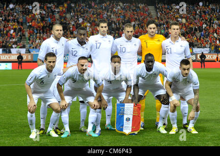 Madrid, Spagna 16 ottobre 2012. Calcio: 16.10.2012, WC2014 match associati alla promozione in Madrid. Spain-France 1:1----- foto del team Francia,bancata posteriore da sinistra: Jeremy Menez (FRA),Blaise Matuidi (FRA),Maxime Gonalons (FRA),Karim Benzema,Hugo Lloris (FRA),Laurent Koscielny (FRA);fila anteriore fr.sinistra:Yohan Cabaye (FRA),Franck Ribery (FRA),Patrice Evra (FRA),Mamadou Sakho (FRA),Mathieu DEBUCHY (FRA) Foto Stock