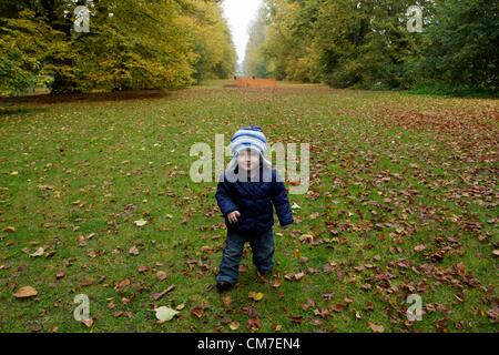 Bury St Edmunds, Suffolk. Eoin Bullimore, 14 mesi, passeggiate intorno al paesaggio autunnale nel Parco Nowton, Bury St Edmunds. Il 21 ottobre 2012 Foto Stock