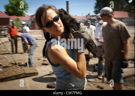 9 luglio 2011 - un volontario 'depaver'' in movimento come ella porta un frammento di pavimentazione per il contenitore di riciclaggio. La donna lavora come un avvocato nel suo lavoro di giorno. (Credito Immagine: © Ken Hawkins/ZUMAPRESS.com) Foto Stock