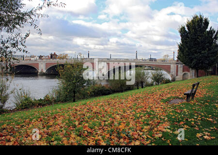 Caduto Foglie di autunno lungo il fiume Thames Path vicino al ponte a Hampton Court Palace, England Regno Unito. Foto Stock